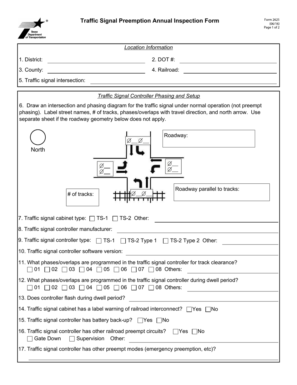 Form 2625 Traffic Signal Preemption Annual Inspection Form - Texas, Page 1