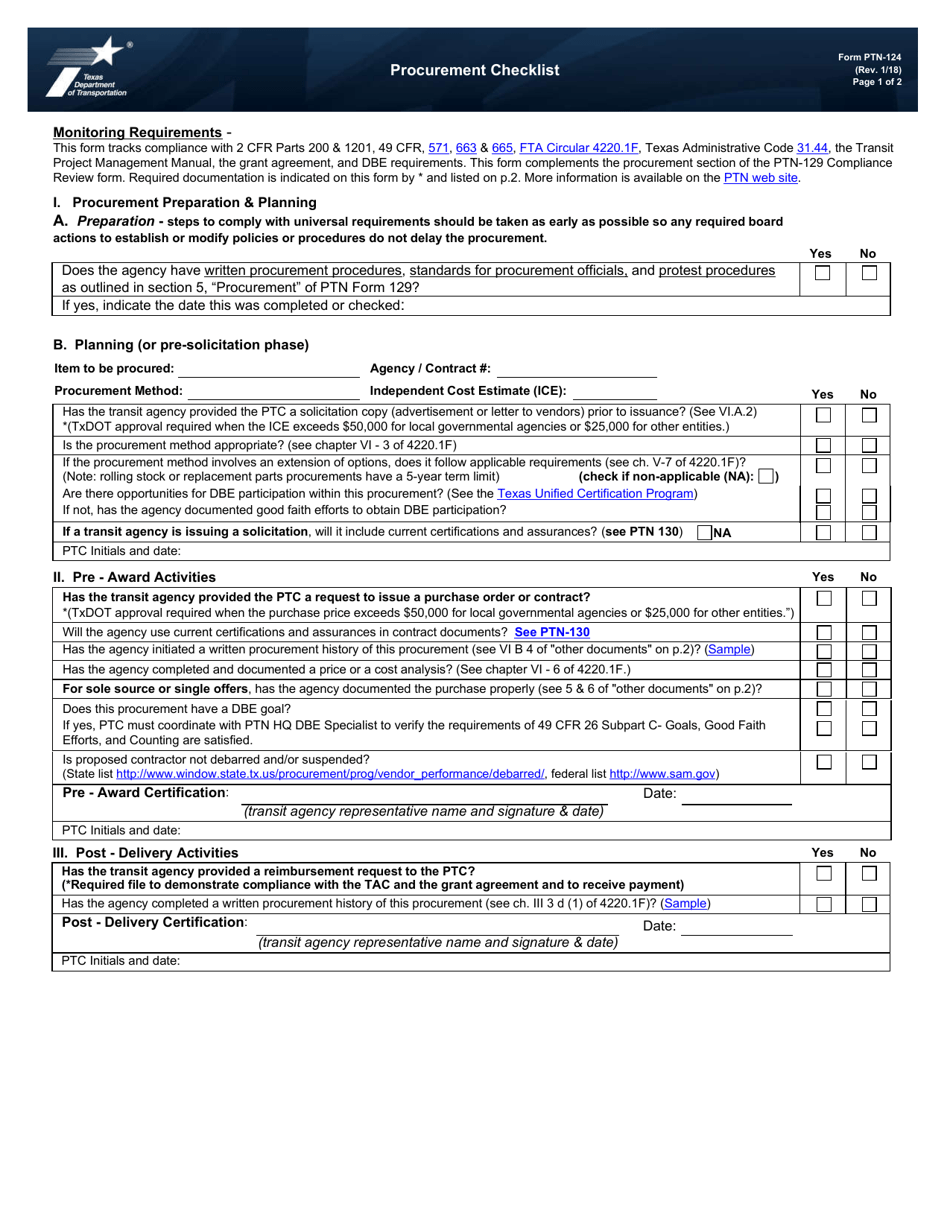 Form PTN-124 Procurement Checklist - Texas, Page 1
