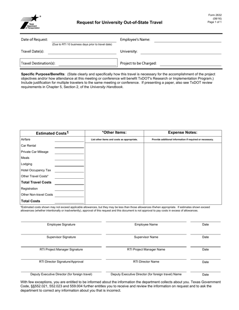 Form 2632 Request for University Out-of-State Travel - Texas