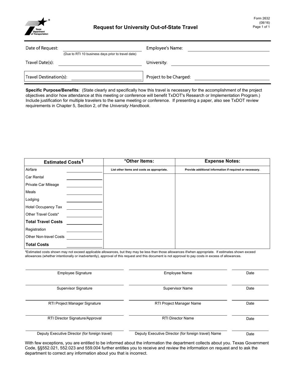 Form 2632 Request for University Out-of-State Travel - Texas, Page 1