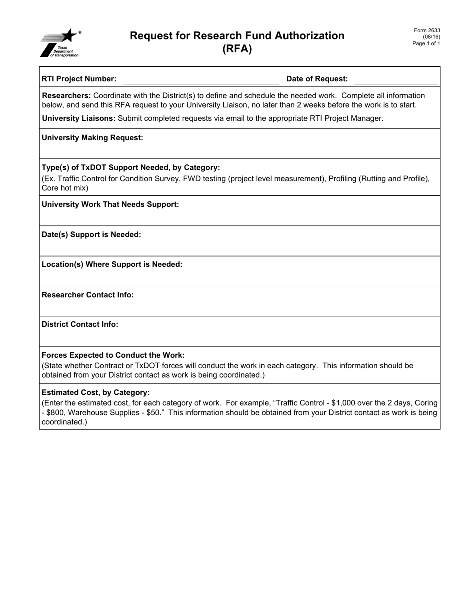Form 2633 Request for Research Fund Authorization (Rfa) - Texas, Page 1
