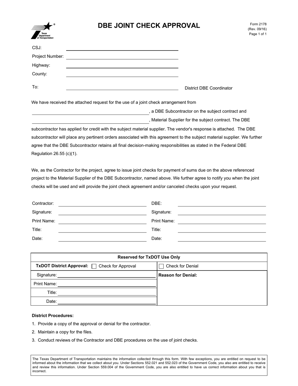 Form 2178 Dbe Joint Check Approval - Texas, Page 1