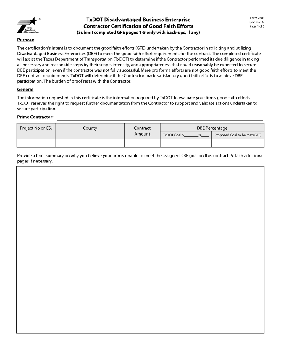 Form 2603 Txdot Disadvantaged Business Enterprise Contractor Certification of Good Faith Efforts - Texas, Page 1