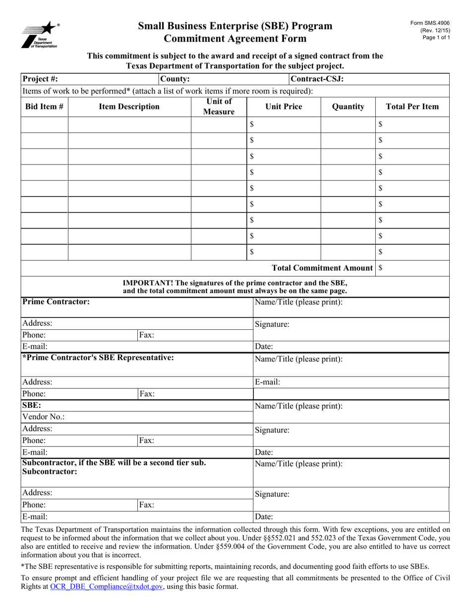Form SMS.4906 Small Business Enterprise (Sbe) Program Commitment Agreement Form - Texas, Page 1