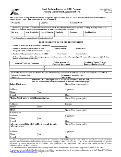 Form SMS.4906-T Small Business Enterprise (Sbe) Program Trucking Commitment Agreement Form - Texas