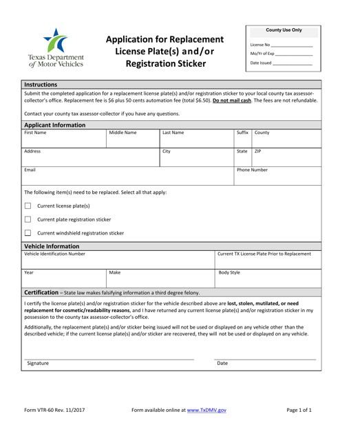 Form VTR-60 Application for Replacement License Plate(S) and/or Registration Sticker - Texas