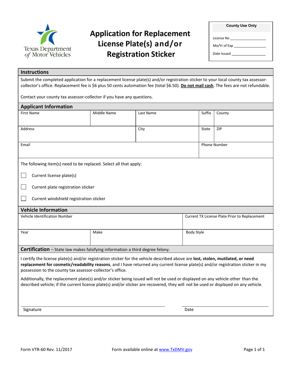 Form VTR-60 Application for Replacement License Plate(S) and / or Registration Sticker - Texas, Page 1