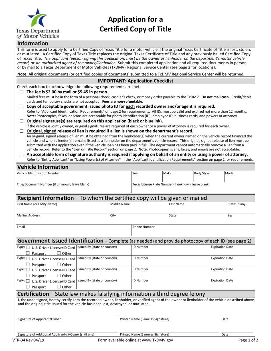 Form VTR-34 Application for a Certified Copy of Title - Texas, Page 1