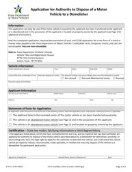 Document preview: Form VTR-71-2 Application for Authority to Dispose of a Motor Vehicle to a Demolisher - Texas
