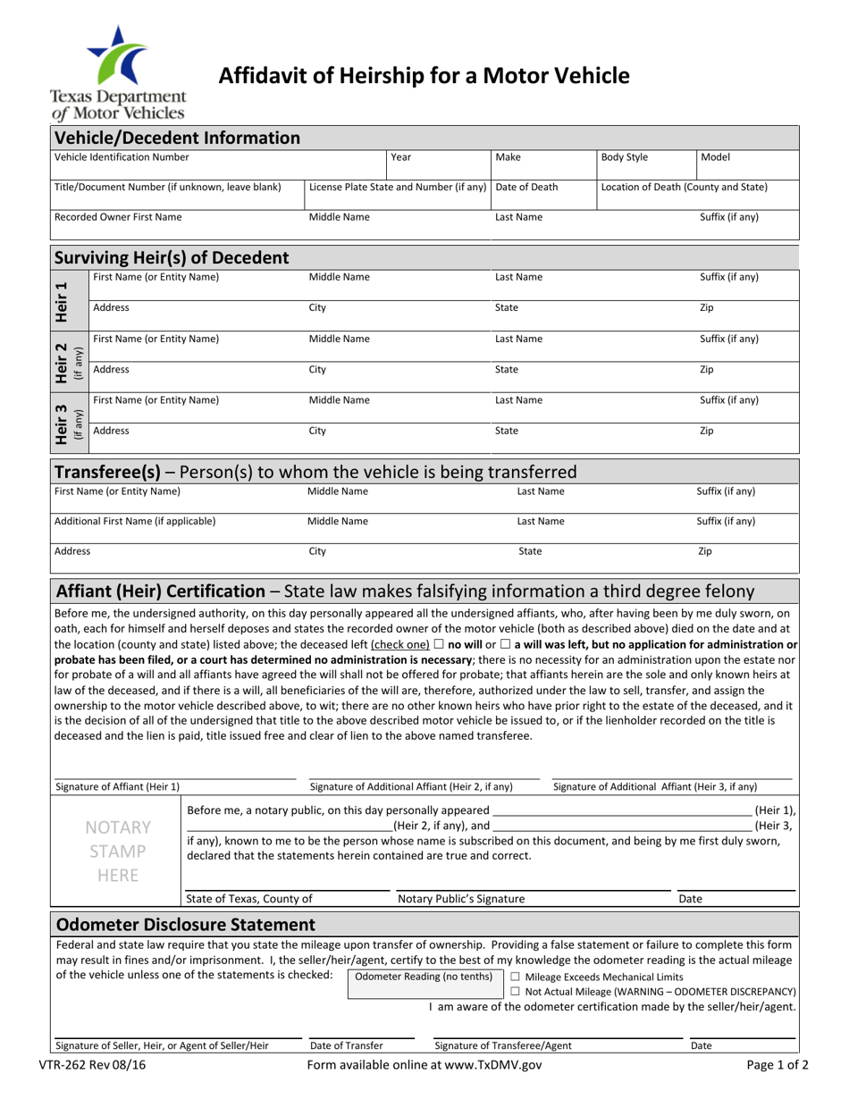 Form VTR-262 Affidavit of Heirship for a Motor Vehicle - Texas, Page 1