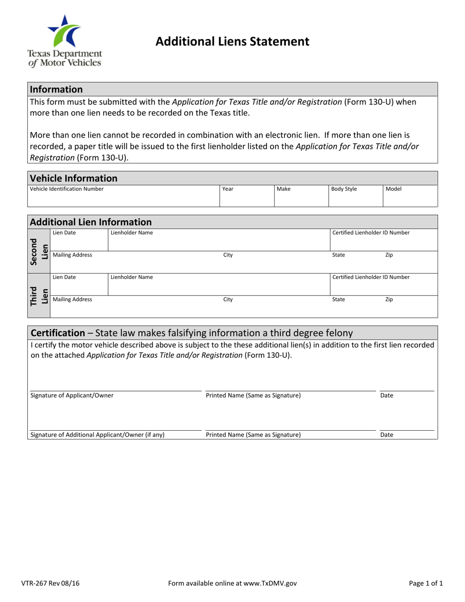 Form VTR-267 Additional Liens Statement - Texas, Page 1