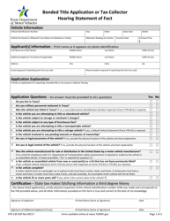 Form VTR-130-SOF Bonded Title Application or Tax Collector Hearing Statement of Fact - Texas