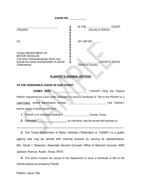 Plaintiff's Original Petition - Issue Title - Sample - Texas