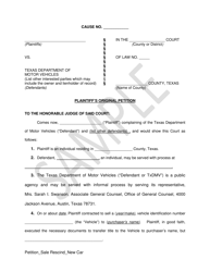 Plaintiff&#039;s Original Petition - Sale Rescind (New Vehicle) - Sample - Texas