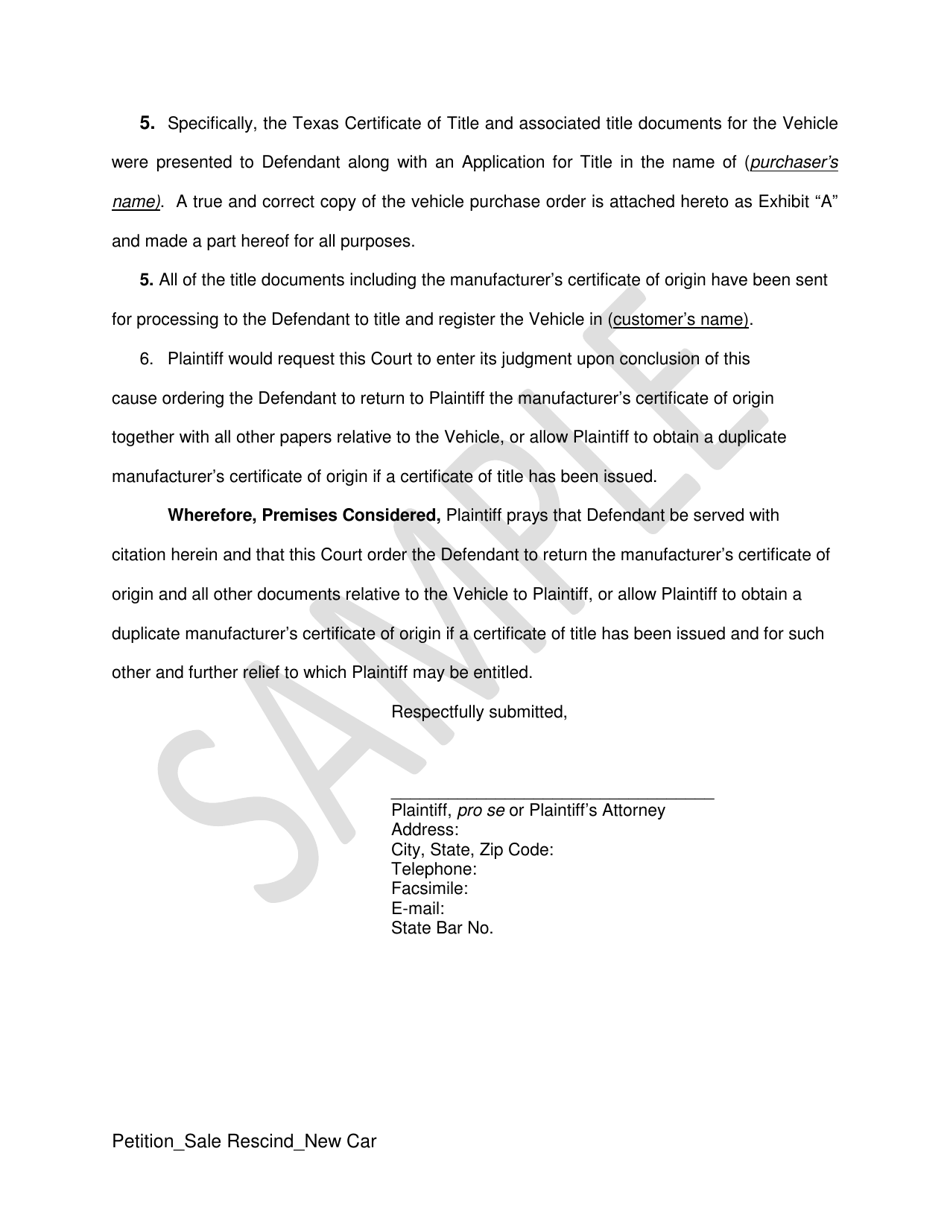 Plaintiffs Original Petition - Sale Rescind (New Vehicle) - Sample - Texas, Page 2