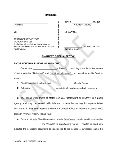 Plaintiff's Original Petition - Sale Rescind (New Vehicle) - Sample - Texas Download Pdf
