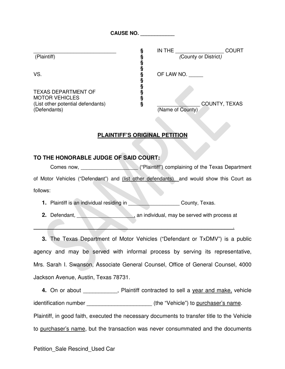 Plaintiffs Original Petition - Sale Rescind (Used Car) - Sample - Texas, Page 1