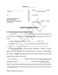 Document preview: Plaintiff's Original Petition - Sale Rescind (Used Car) - Sample - Texas