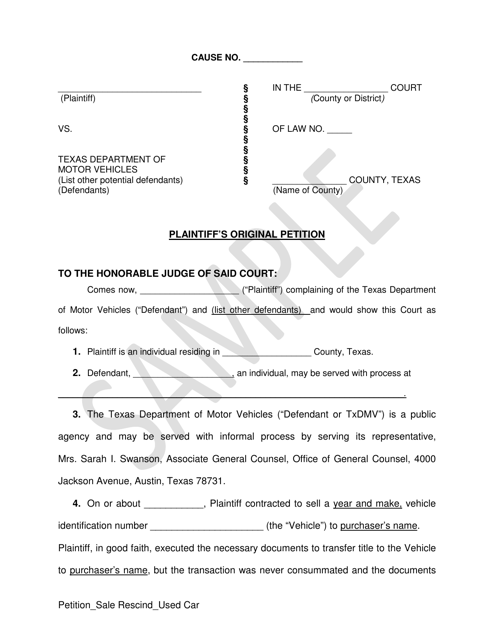 Plaintiff's Original Petition - Sale Rescind (Used Car) - Sample - Texas