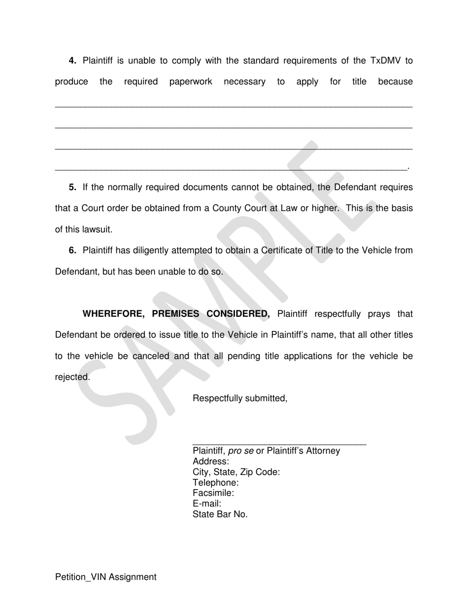 Plaintiffs Original Petition - Vin Assignment - Sample - Texas, Page 2