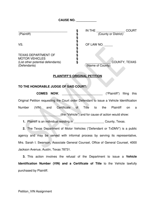 Plaintiff's Original Petition - Vin Assignment - Sample - Texas Download Pdf