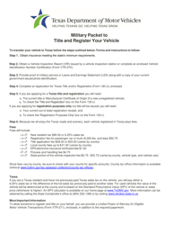 Document preview: Military Packet to Title and Register Your Vehicle - Texas
