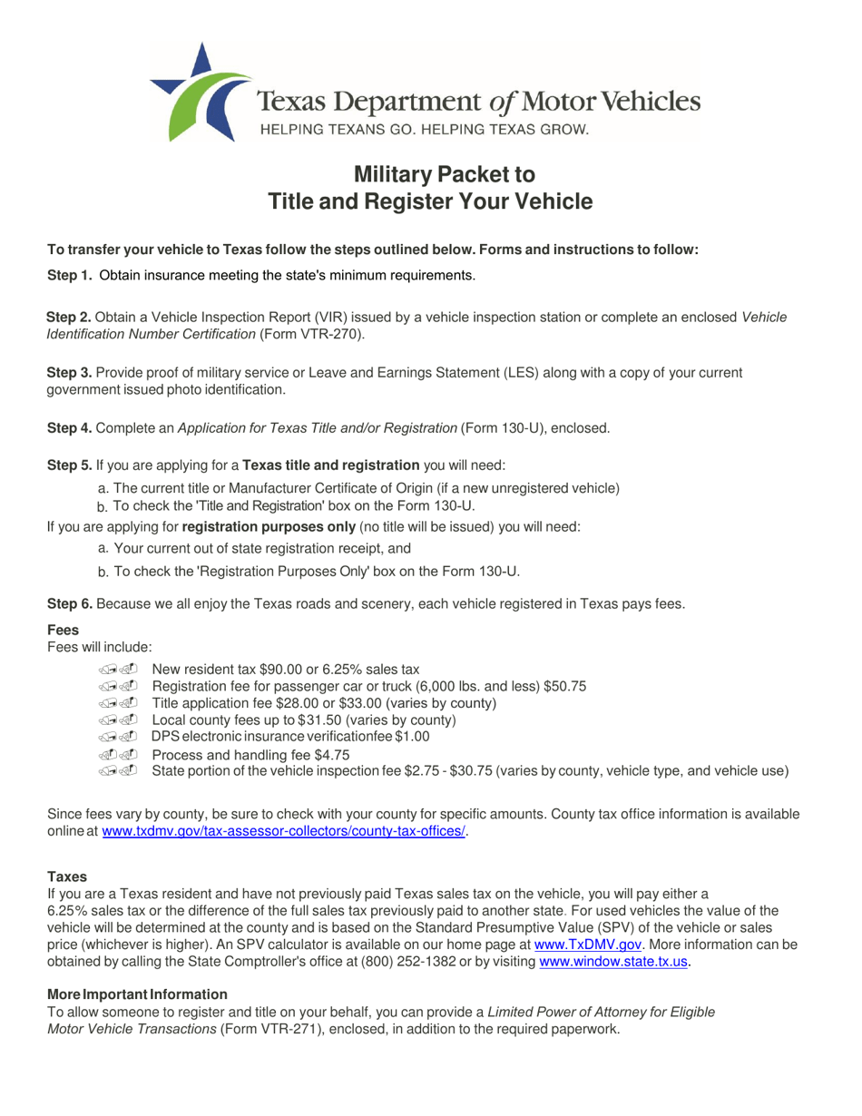 Military Packet to Title and Register Your Vehicle - Texas, Page 1