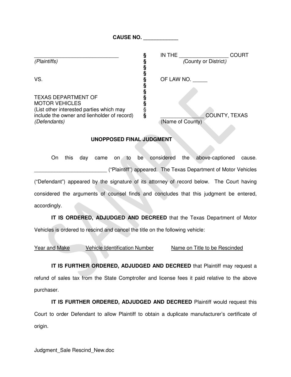 Unopposed Final Judgment - Sale Rescind (New Vehicle) - Sample - Texas, Page 1