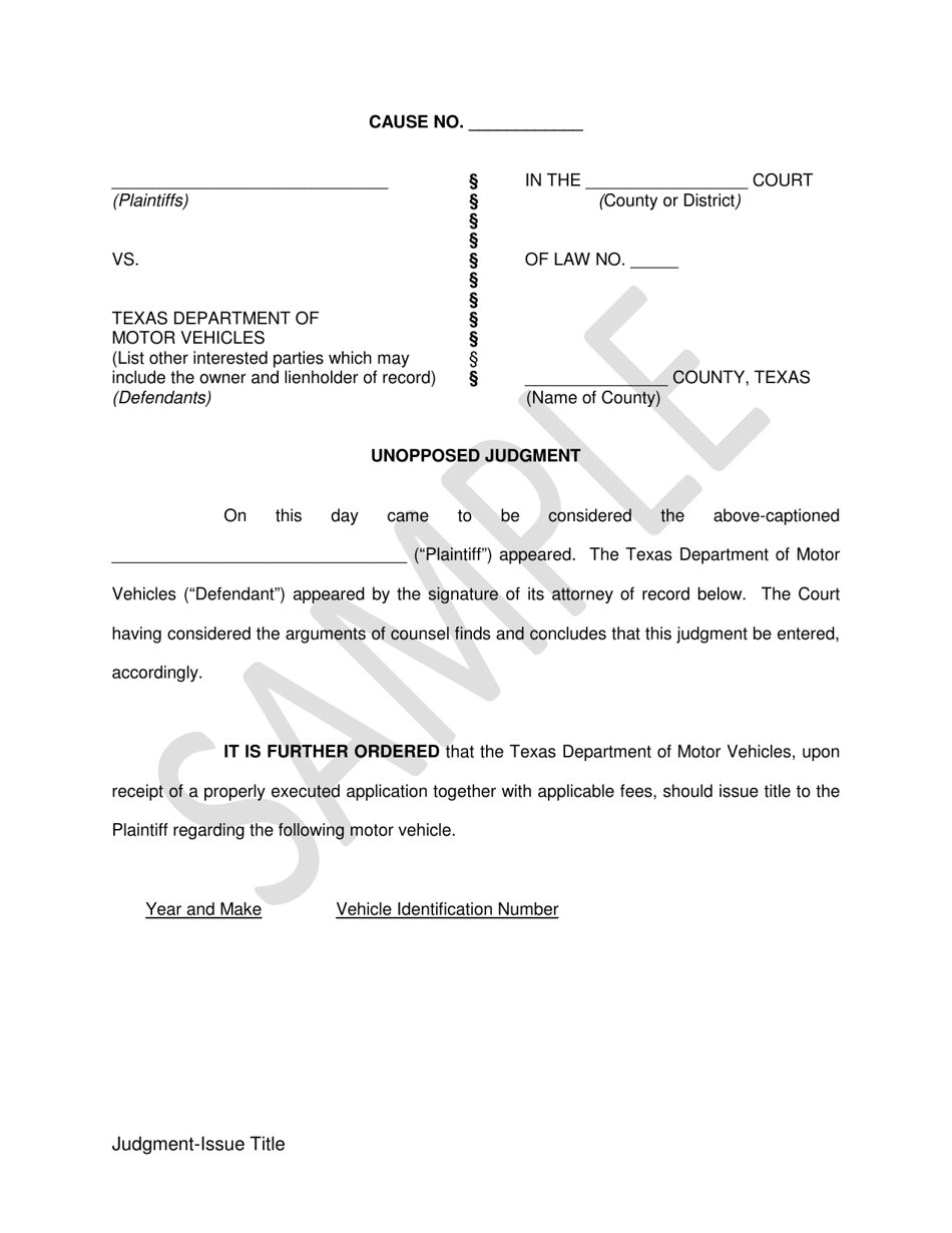 Unopposed Judgment - Issue Title - Sample - Texas, Page 1