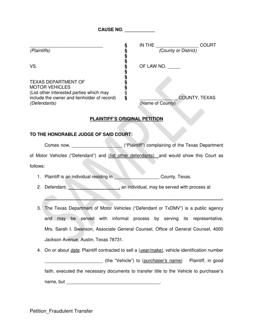 Plaintiff's Original Petition - Fraudulent Transfer - Sample - Texas Download Pdf