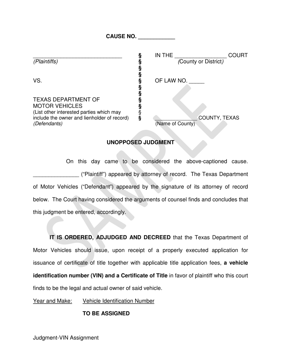 Unopposed Judgment - Vin Assignment - Sample - Texas, Page 1