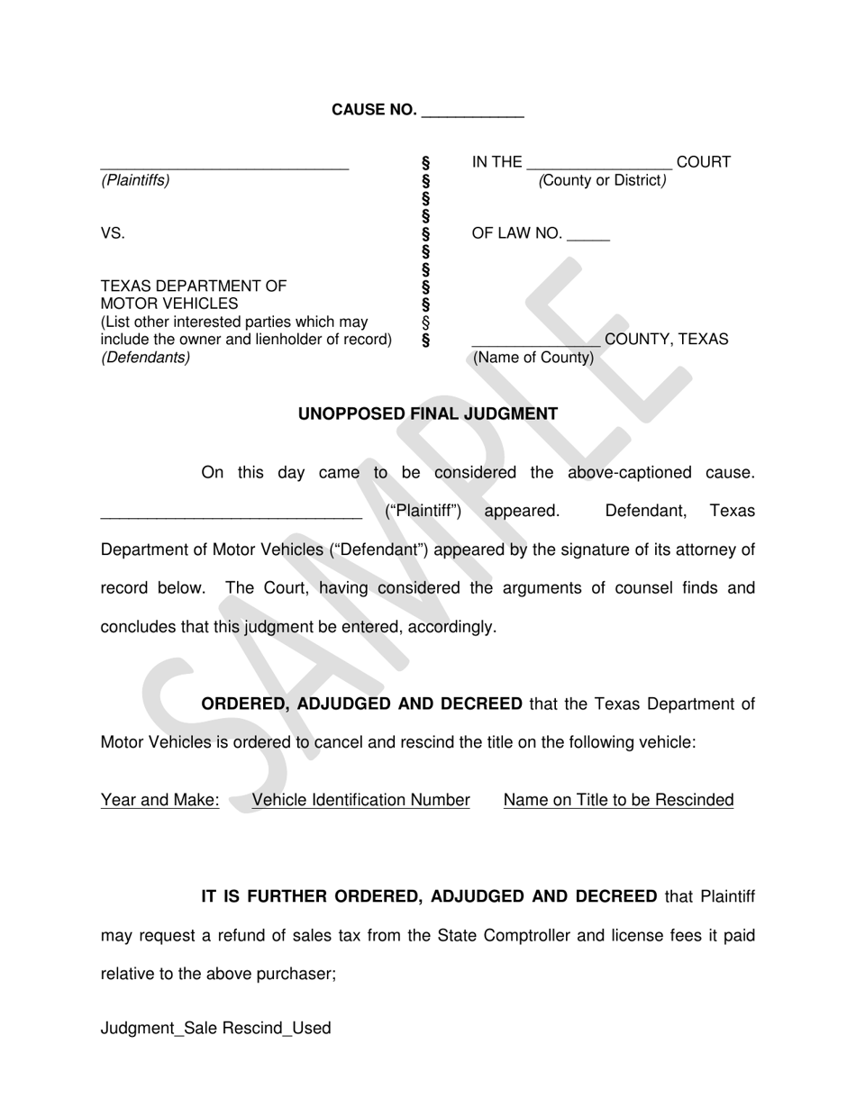 Unopposed Final Judgment - Sale Rescind (Used Vehicle) - Sample - Texas, Page 1