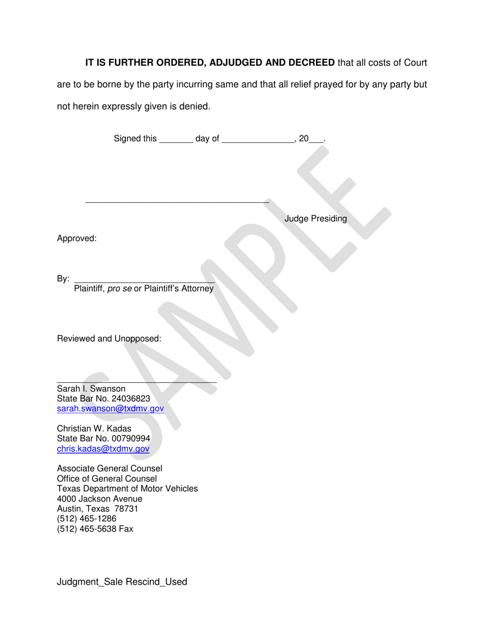 Unopposed Final Judgment - Sale Rescind (Used Vehicle) - Sample - Texas, Page 2