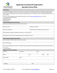 Document preview: Form VTR-950 Application for Nonprofit Organization Specialty License Plate - Texas