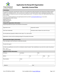 Form VTR-950 Application for Nonprofit Organization Specialty License Plate - Texas