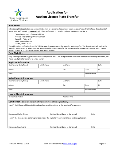 Form VTR-900 Application for Auction License Plate Transfer - Texas