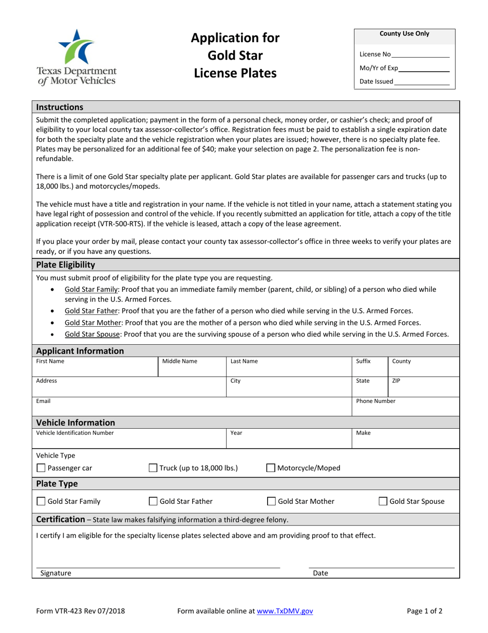 Form VTR-423 Application for Gold Star License Plates - Texas, Page 1