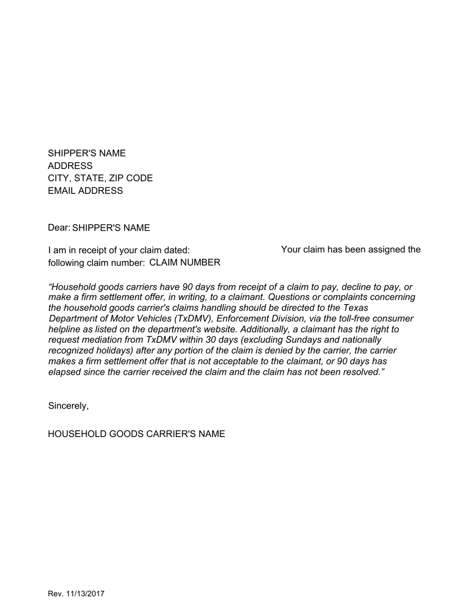Claim Acknowledgement Letter - Texas, Page 1