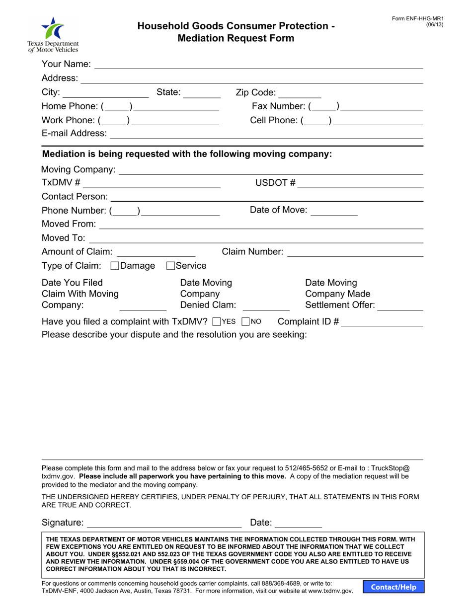 Form ENF-HHG-MR1 Household Goods Consumer Protection - Mediation Request Form - Texas, Page 1
