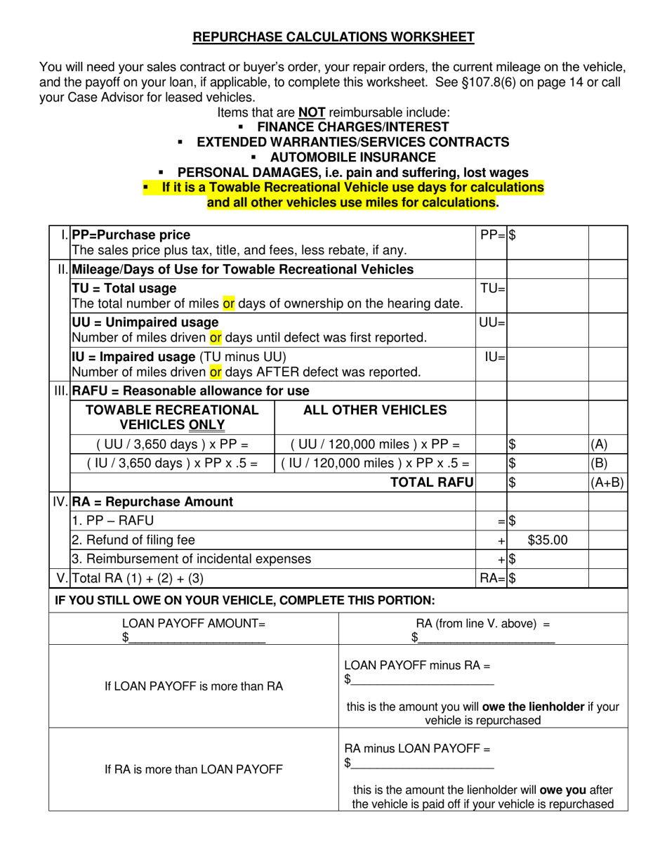Repurchase Calculations Worksheet - Texas, Page 1