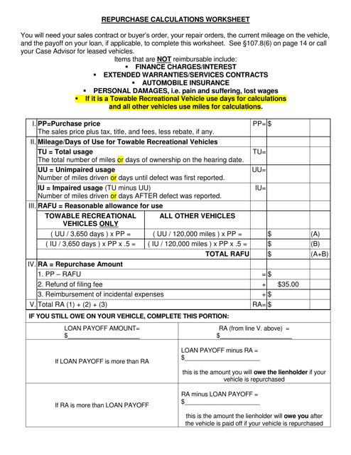 Repurchase Calculations Worksheet - Texas Download Pdf