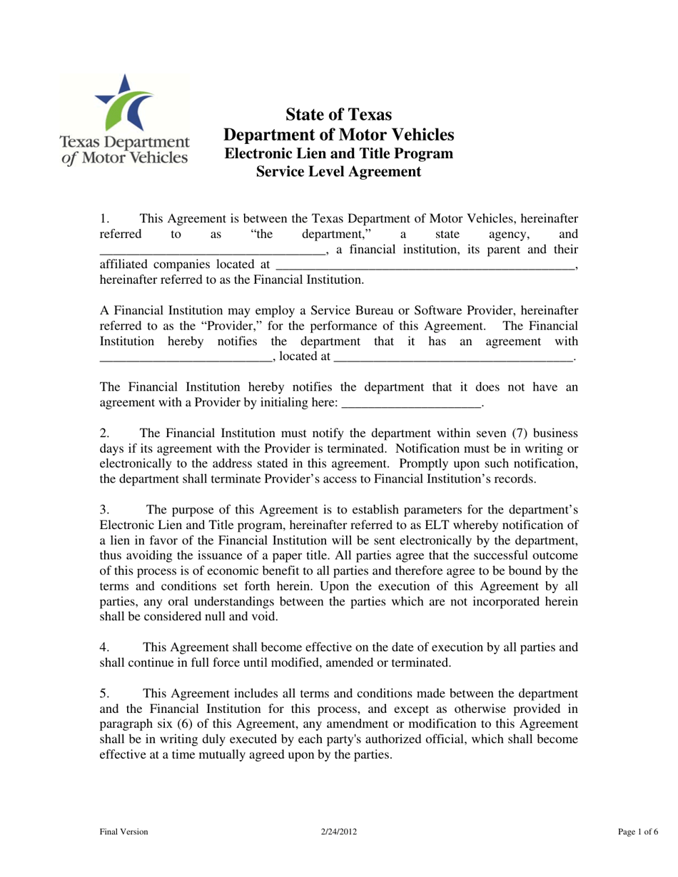 Texas Electronic Lien and Title Program Service Level Agreement Form
