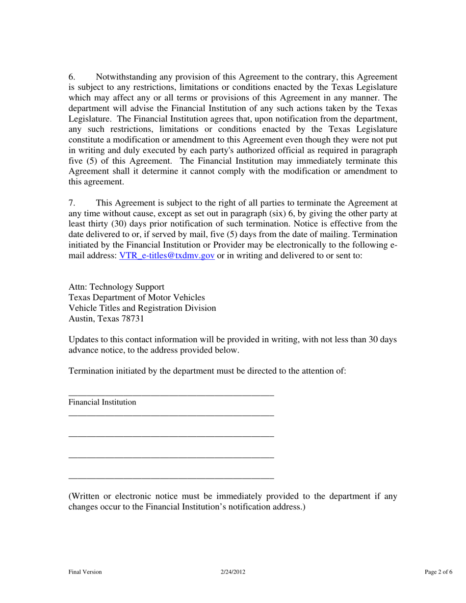 Electronic Lien and Title Program Service Level Agreement Form - Texas, Page 2