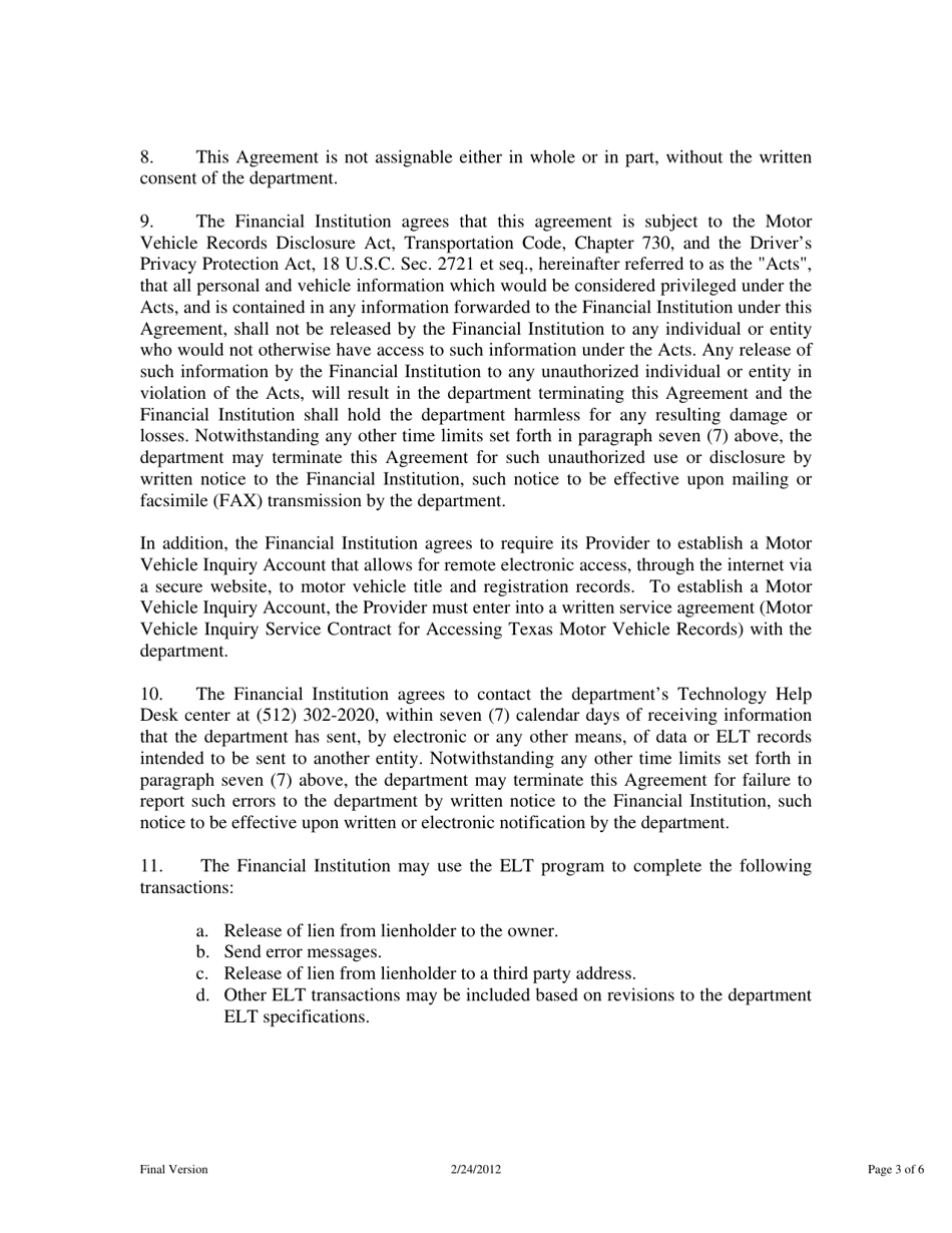 Electronic Lien and Title Program Service Level Agreement Form - Texas, Page 3