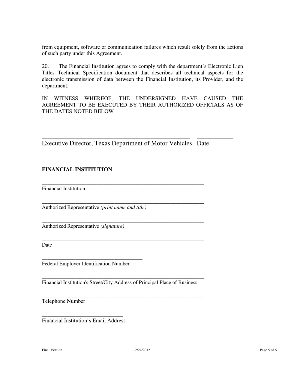 Texas Electronic Lien and Title Program Service Level Agreement Form
