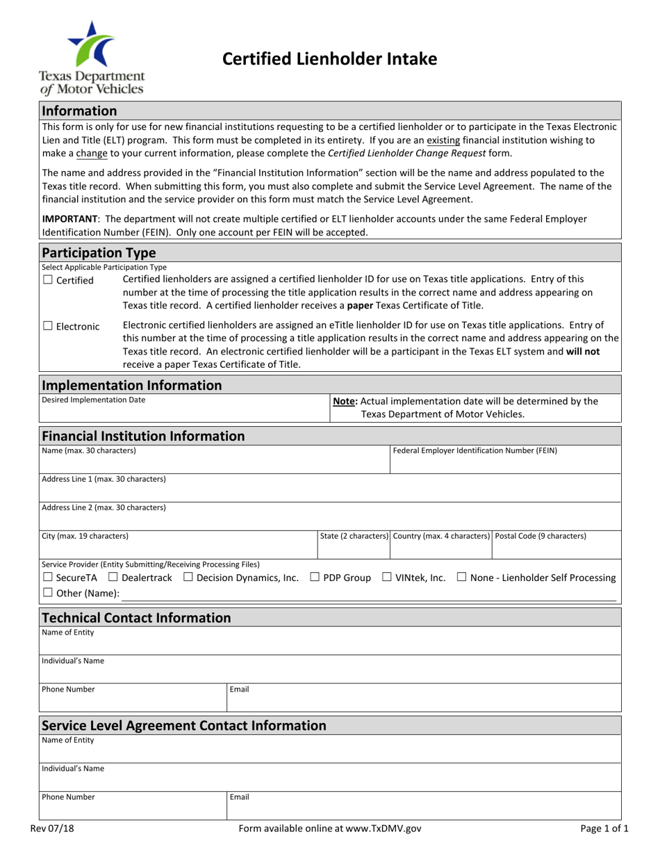 Certified Lienholder Intake Form - Texas, Page 1