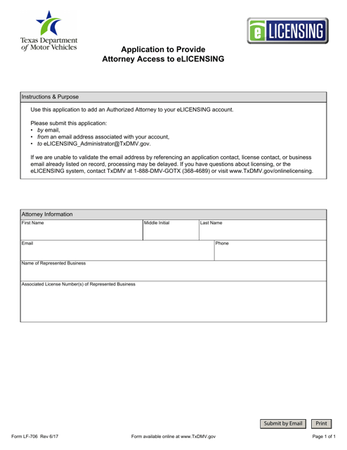 Form LF-706 Application to Provide Attorney Access to Elicensing - Texas