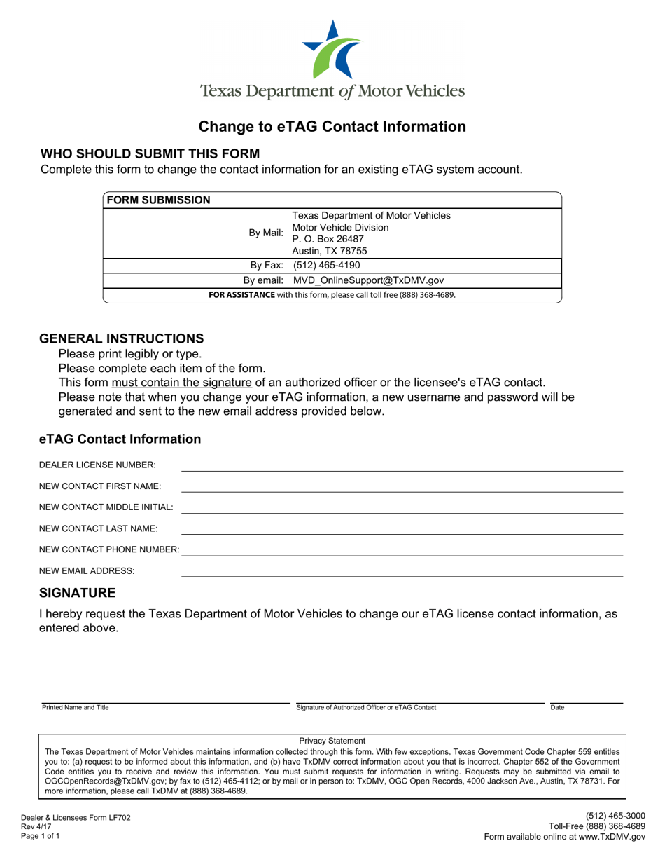 Form LF-702 Change to Etag Contact Information - Texas, Page 1