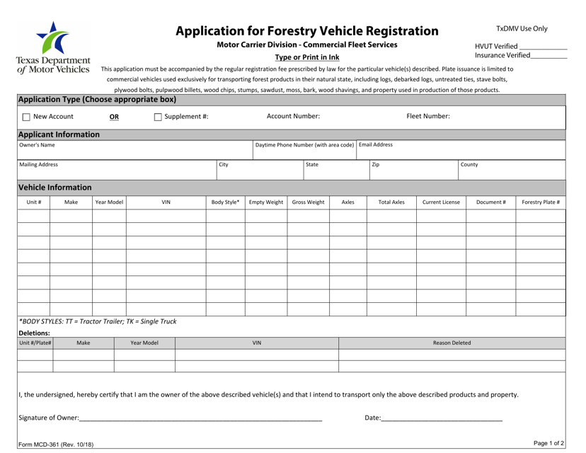 Form MCD-361 Application for Forestry Vehicle Registration - Texas