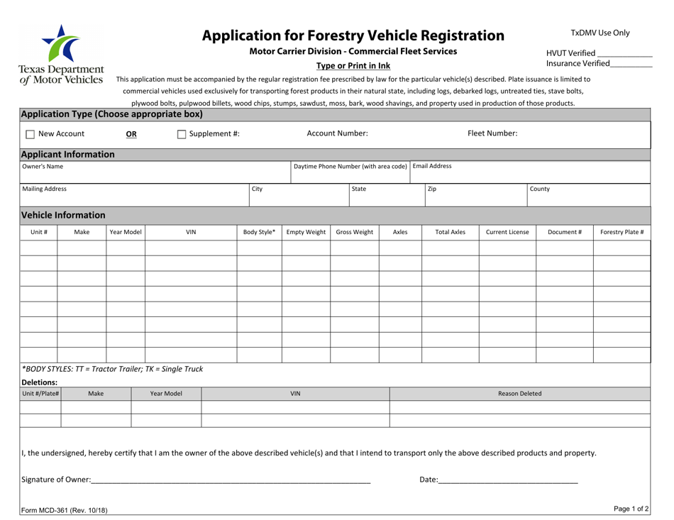 Form MCD-361 Application for Forestry Vehicle Registration - Texas, Page 1